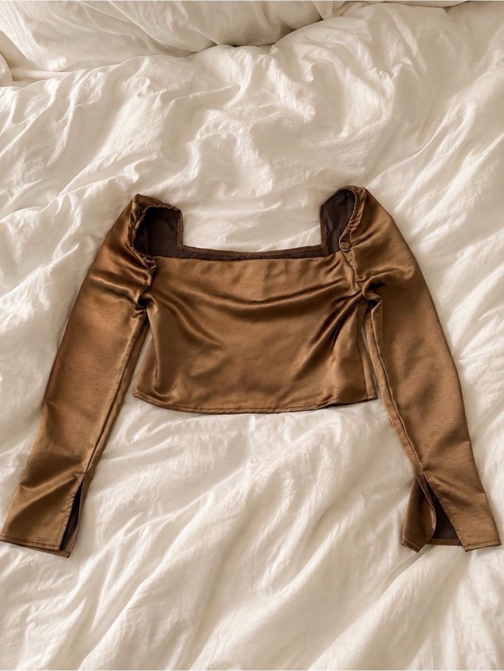 Princess Polly Bronze Satin Long-Sleeve Square Neck Crop Top